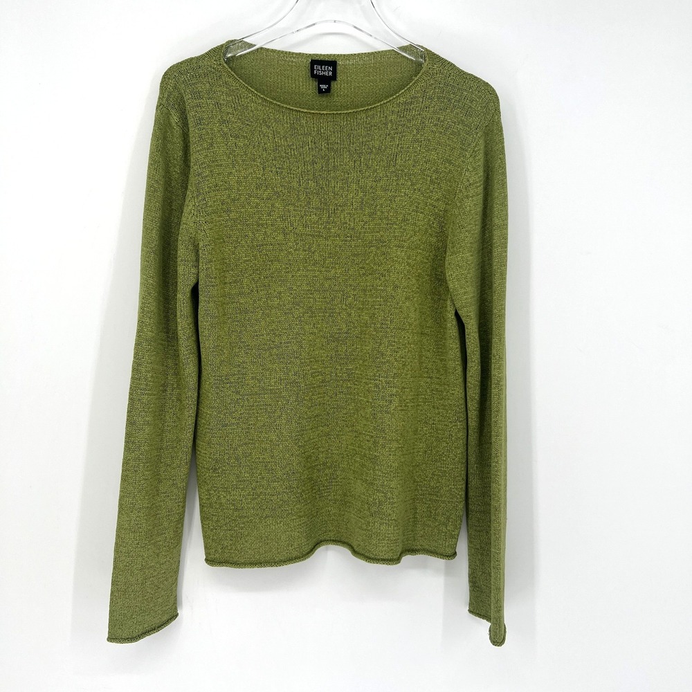 Eileen Fisher Knit Sweater Womens L Crochet Green Silk Simple Classic